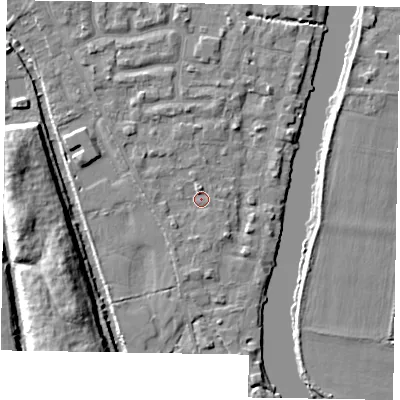 Shaded relief map of the ground around SL61UH, computed from Environment Agency LiDAR. The ground here sits at about 23 m above sea level and falls 11 m across the surrounding 800 m. Surface water reaching this point runs off ground lying to the north, 1.4 m higher.