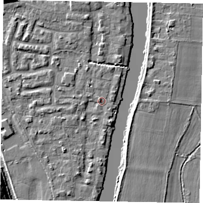 Shaded relief map of the ground around SL61UN, computed from Environment Agency LiDAR. The ground here sits at about 23 m above sea level and falls 11 m across the surrounding 800 m. Surface water reaching this point runs off ground lying to the south-west, 2.1 m higher.