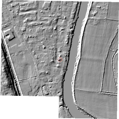 Shaded relief map of the ground around SL61UP, computed from Environment Agency LiDAR. The ground here sits at about 24 m above sea level and falls 11 m across the surrounding 800 m. Surface water reaching this point runs off ground lying to the west, 2.0 m higher.