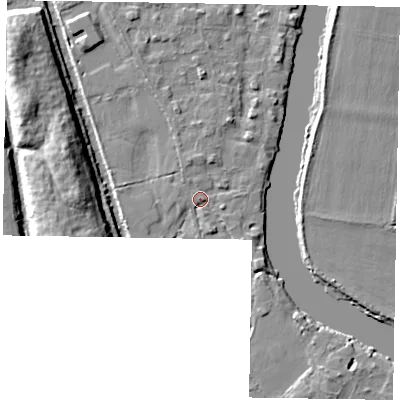 Shaded relief map of the ground around SL61UQ, computed from Environment Agency LiDAR. The ground here sits at about 23 m above sea level and falls 11 m across the surrounding 800 m. Surface water reaching this point runs off ground lying to the north-north-east, 1.8 m higher.
