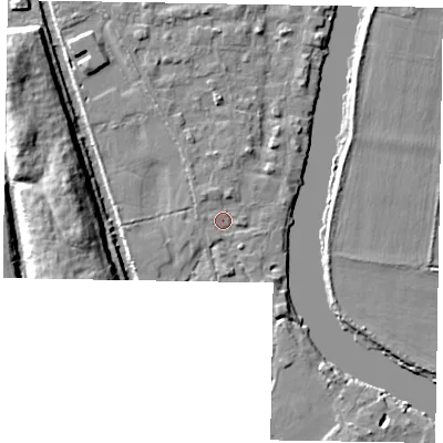 Shaded relief map of the ground around SL61UR, computed from Environment Agency LiDAR. The ground here sits at about 23 m above sea level and falls 11 m across the surrounding 800 m. Surface water reaching this point runs off ground lying to the west, 0.8 m higher.