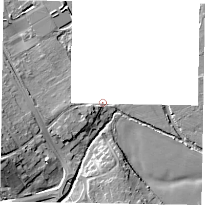 Shaded relief map of the ground around SL61UT, computed from Environment Agency LiDAR. The ground here sits at about 24 m above sea level and falls 15 m across the surrounding 800 m. Surface water reaching this point runs off ground lying to the west, 5.6 m higher.