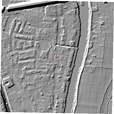 Shaded relief map of the ground around SL61UW, computed from Environment Agency LiDAR. The ground here sits at about 23 m above sea level and falls 13 m across the surrounding 800 m. Surface water reaching this point runs off ground lying to the south-south-east, 1.5 m higher.