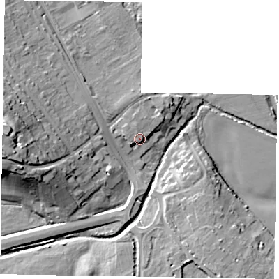 Shaded relief map of the ground around SL61UX, computed from Environment Agency LiDAR. The ground here sits at about 28 m above sea level and falls 21 m across the surrounding 800 m. Surface water reaching this point runs off ground lying to the west-south-west, 3.6 m higher.