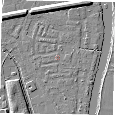 Shaded relief map of the ground around SL61XA, computed from Environment Agency LiDAR. The ground here sits at about 24 m above sea level and falls 13 m across the surrounding 800 m. Surface water reaching this point runs off ground lying to the west-south-west, 1.7 m higher.