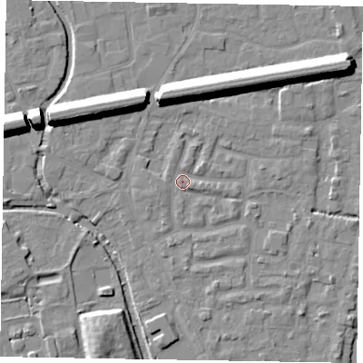 Shaded relief map of the ground around SL61XB, computed from Environment Agency LiDAR. The ground here sits at about 24 m above sea level and falls 13 m across the surrounding 800 m. Surface water reaching this point runs off ground lying to the east-south-east, 1.7 m higher.