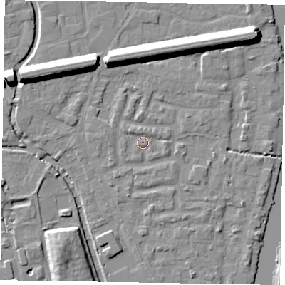 Shaded relief map of the ground around SL61XD, computed from Environment Agency LiDAR. The ground here sits at about 23 m above sea level and falls 13 m across the surrounding 800 m. Surface water reaching this point runs off ground lying to the north-west, 2.0 m higher.