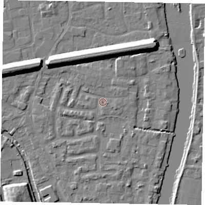 Shaded relief map of the ground around SL61XE, computed from Environment Agency LiDAR. The ground here sits at about 23 m above sea level and falls 13 m across the surrounding 800 m. Surface water reaching this point runs off ground lying to the west-south-west, 2.0 m higher.
