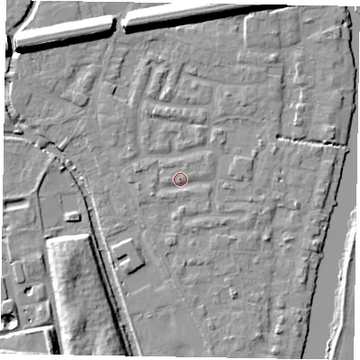 Shaded relief map of the ground around SL61XF, computed from Environment Agency LiDAR. The ground here sits at about 24 m above sea level and falls 14 m across the surrounding 800 m. Surface water reaching this point runs off ground lying to the west-south-west, 1.6 m higher.
