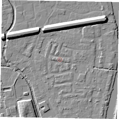Shaded relief map of the ground around SL61XG, computed from Environment Agency LiDAR. The ground here sits at about 24 m above sea level and falls 13 m across the surrounding 800 m. Surface water reaching this point runs off ground lying to the west, 1.7 m higher.