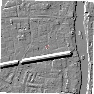 Shaded relief map of the ground around SL61XJ, computed from Environment Agency LiDAR. The ground here sits at about 23 m above sea level and falls 13 m across the surrounding 800 m. Surface water reaching this point runs off ground lying to the south-west, 10.8 m higher.