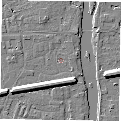 Shaded relief map of the ground around SL61XL, computed from Environment Agency LiDAR. The ground here sits at about 23 m above sea level and falls 13 m across the surrounding 800 m. Surface water reaching this point runs off ground lying to the south-south-west, 11.0 m higher.