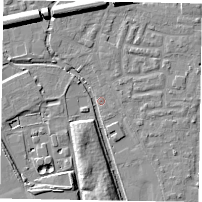 Shaded relief map of the ground around SL61XN, computed from Environment Agency LiDAR. The ground here sits at about 23 m above sea level and falls 15 m across the surrounding 800 m. Surface water reaching this point runs off ground lying to the north-west, 13.1 m higher.