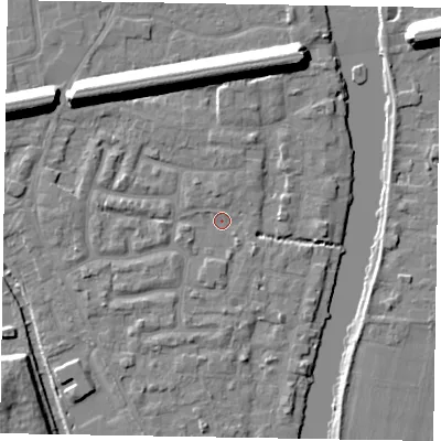 Shaded relief map of the ground around SL61XQ, computed from Environment Agency LiDAR. The ground here sits at about 23 m above sea level and falls 13 m across the surrounding 800 m. Surface water reaching this point runs off ground lying to the south-west, 1.7 m higher.