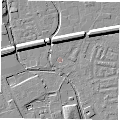 Shaded relief map of the ground around SL61XY, computed from Environment Agency LiDAR. The ground here sits at about 23 m above sea level and falls 13 m across the surrounding 800 m. Surface water reaching this point runs off ground lying to the north-west, 1.5 m higher.
