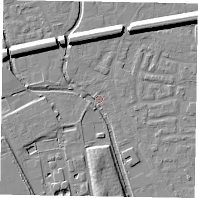 Shaded relief map of the ground around SL61XZ, computed from Environment Agency LiDAR. The ground here sits at about 23 m above sea level and falls 15 m across the surrounding 800 m. Surface water reaching this point runs off ground lying to the north-west, 13.0 m higher.