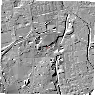Shaded relief map of the ground around SL61YY, computed from Environment Agency LiDAR. The ground here sits at about 25 m above sea level and falls 18 m across the surrounding 800 m. Surface water reaching this point runs off ground lying to the west-north-west, 5.4 m higher.