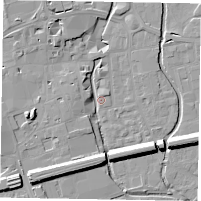 Shaded relief map of the ground around SL61YZ, computed from Environment Agency LiDAR. The ground here sits at about 24 m above sea level and falls 16 m across the surrounding 800 m. Surface water reaching this point runs off ground lying to the south-west, 13.4 m higher.