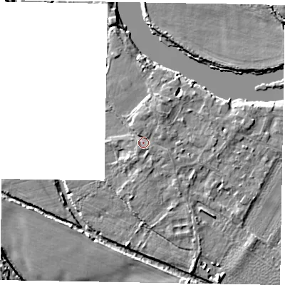 Shaded relief map of the ground around SL62AA, computed from Environment Agency LiDAR. The ground here sits at about 23 m above sea level and falls 8 m across the surrounding 800 m. Surface water reaching this point runs off ground lying to the north-north-east, 1.7 m higher.