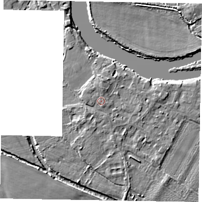 Shaded relief map of the ground around SL62AB, computed from Environment Agency LiDAR. The ground here sits at about 24 m above sea level and falls 4 m across the surrounding 800 m. Surface water reaching this point runs off ground lying to the north, 1.1 m higher.