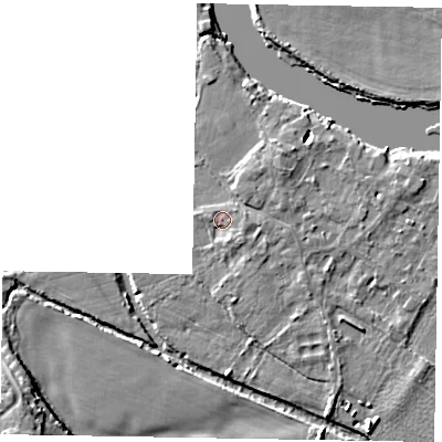 Shaded relief map of the ground around SL62AD, computed from Environment Agency LiDAR. The ground here sits at about 23 m above sea level and falls 9 m across the surrounding 800 m. Surface water reaching this point runs off ground lying to the south-south-east, 1.6 m higher.