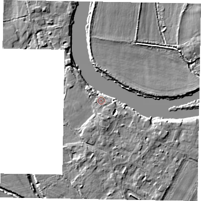 Shaded relief map of the ground around SL62AE, computed from Environment Agency LiDAR. The ground here sits at about 23 m above sea level and falls 4 m across the surrounding 800 m. Surface water reaching this point runs off ground lying to the south, 1.2 m higher.