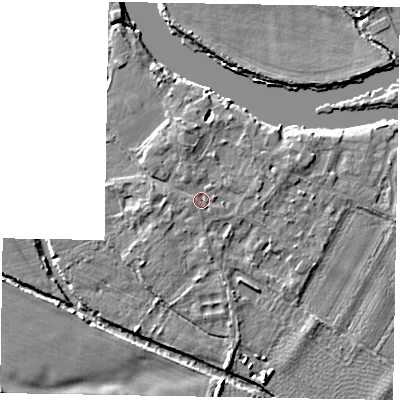 Shaded relief map of the ground around SL62AG, computed from Environment Agency LiDAR. The ground here sits at about 23 m above sea level and falls 4 m across the surrounding 800 m. Surface water reaching this point runs off ground lying to the north-north-west, 0.9 m higher.