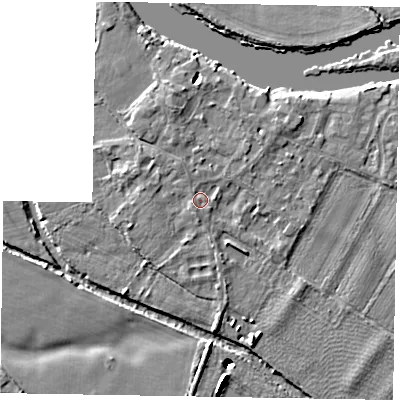 Shaded relief map of the ground around SL62AJ, computed from Environment Agency LiDAR. The ground here sits at about 23 m above sea level and falls 12 m across the surrounding 800 m. Surface water reaching this point runs off ground lying to the north-north-west, 2.0 m higher.