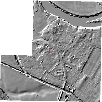 Shaded relief map of the ground around SL62AP, computed from Environment Agency LiDAR. The ground here sits at about 23 m above sea level and falls 15 m across the surrounding 800 m. Surface water reaching this point runs off ground lying to the north-west, 0.6 m higher.