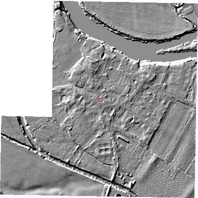 Shaded relief map of the ground around SL62AQ, computed from Environment Agency LiDAR. The ground here sits at about 23 m above sea level and falls 11 m across the surrounding 800 m. Surface water reaching this point runs off ground lying to the north-north-west, 0.9 m higher.