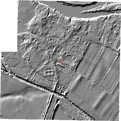 Shaded relief map of the ground around SL62AR, computed from Environment Agency LiDAR. The ground here sits at about 23 m above sea level and falls 11 m across the surrounding 800 m. Surface water reaching this point runs off ground lying to the west-north-west, 1.4 m higher.