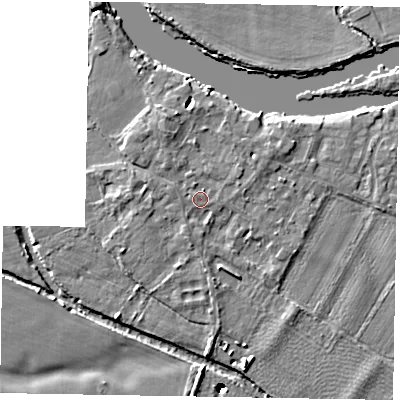 Shaded relief map of the ground around SL62AS, computed from Environment Agency LiDAR. The ground here sits at about 23 m above sea level and falls 11 m across the surrounding 800 m. Surface water reaching this point runs off ground lying to the north-north-west, 2.0 m higher.