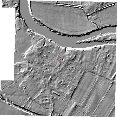 Shaded relief map of the ground around SL62AT, computed from Environment Agency LiDAR. The ground here sits at about 24 m above sea level and falls 4 m across the surrounding 800 m. Surface water reaching this point runs off ground lying to the south, 0.8 m higher.