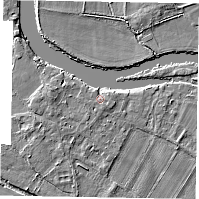 Shaded relief map of the ground around SL62AU, computed from Environment Agency LiDAR. The ground here sits at about 23 m above sea level and falls 4 m across the surrounding 800 m. Surface water reaching this point runs off ground lying to the south-east, 1.7 m higher.
