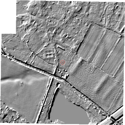Shaded relief map of the ground around SL62AW, computed from Environment Agency LiDAR. The ground here sits at about 23 m above sea level and falls 15 m across the surrounding 800 m. Surface water reaching this point runs off ground lying to the north-west, 0.9 m higher.