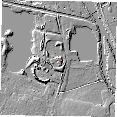 Shaded relief map of the ground around SL62AZ, computed from Environment Agency LiDAR. The ground here sits at about 27 m above sea level and falls 11 m across the surrounding 800 m. Surface water reaching this point runs off ground lying to the west-south-west, 4.9 m higher.