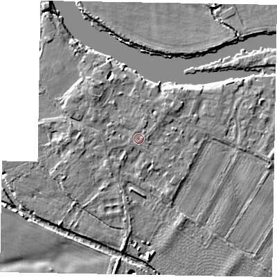 Shaded relief map of the ground around SL62BB, computed from Environment Agency LiDAR. The ground here sits at about 23 m above sea level and falls 11 m across the surrounding 800 m. Surface water reaching this point runs off ground lying to the north-west, 1.7 m higher.