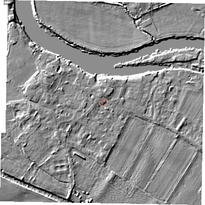 Shaded relief map of the ground around SL62BD, computed from Environment Agency LiDAR. The ground here sits at about 23 m above sea level and falls 4 m across the surrounding 800 m. Surface water reaching this point runs off ground lying to the south-west, 1.0 m higher.