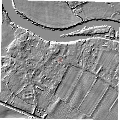 Shaded relief map of the ground around SL62BE, computed from Environment Agency LiDAR. The ground here sits at about 23 m above sea level and falls 4 m across the surrounding 800 m. Surface water reaching this point runs off ground lying to the north-west, 1.1 m higher.
