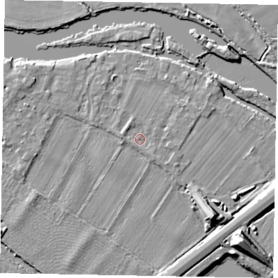 Shaded relief map of the ground around SL62BG, computed from Environment Agency LiDAR. The ground here sits at about 23 m above sea level and falls 11 m across the surrounding 800 m. Surface water reaching this point runs off ground lying to the south-east, 1.2 m higher.