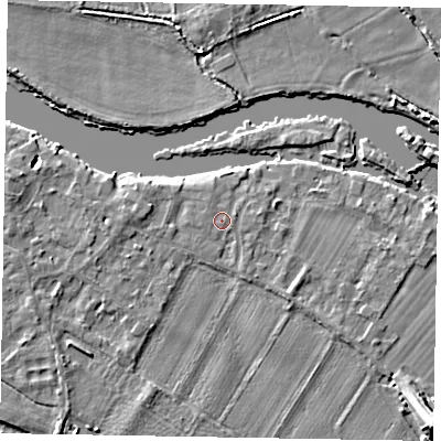 Shaded relief map of the ground around SL62BH, computed from Environment Agency LiDAR. The ground here sits at about 23 m above sea level and falls 10 m across the surrounding 800 m. The ground contributing surface water to this point lies to the west-north-west.