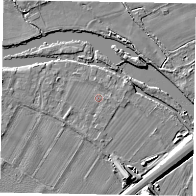 Shaded relief map of the ground around SL62BJ, computed from Environment Agency LiDAR. The ground here sits at about 23 m above sea level and falls 11 m across the surrounding 800 m. Surface water reaching this point runs off ground lying to the south-south-east, 1.1 m higher.