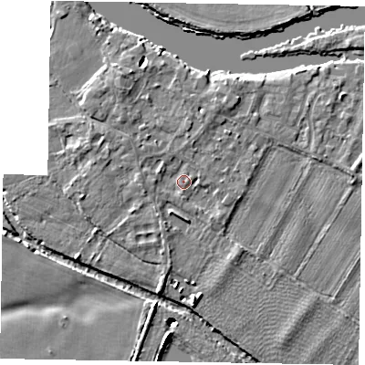 Shaded relief map of the ground around SL62BL, computed from Environment Agency LiDAR. The ground here sits at about 23 m above sea level and falls 11 m across the surrounding 800 m. Surface water reaching this point runs off ground lying to the north-north-west, 2.3 m higher.