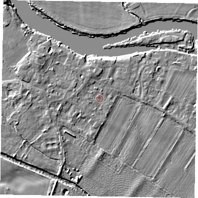 Shaded relief map of the ground around SL62BN, computed from Environment Agency LiDAR. The ground here sits at about 23 m above sea level and falls 11 m across the surrounding 800 m. Surface water reaching this point runs off ground lying to the north-north-west, 1.3 m higher.