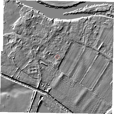 Shaded relief map of the ground around SL62BP, computed from Environment Agency LiDAR. The ground here sits at about 23 m above sea level and falls 11 m across the surrounding 800 m. Surface water reaching this point runs off ground lying to the north-west, 2.3 m higher.