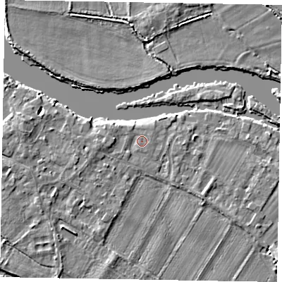 Shaded relief map of the ground around SL62BQ, computed from Environment Agency LiDAR. The ground here sits at about 23 m above sea level and falls 4 m across the surrounding 800 m. Surface water reaching this point runs off ground lying to the west, 1.6 m higher.