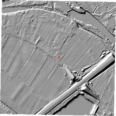 Shaded relief map of the ground around SL62BR, computed from Environment Agency LiDAR. The ground here sits at about 23 m above sea level and falls 11 m across the surrounding 800 m. Surface water reaching this point runs off ground lying to the south-east, 7.2 m higher.