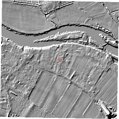 Shaded relief map of the ground around SL62BS, computed from Environment Agency LiDAR. The ground here sits at about 23 m above sea level and falls 10 m across the surrounding 800 m. Surface water reaching this point runs off ground lying to the north-east, 0.7 m higher.
