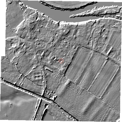 Shaded relief map of the ground around SL62BW, computed from Environment Agency LiDAR. The ground here sits at about 23 m above sea level and falls 11 m across the surrounding 800 m. Surface water reaching this point runs off ground lying to the north-west, 2.3 m higher.