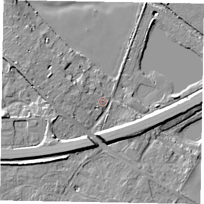 Shaded relief map of the ground around SL62DB, computed from Environment Agency LiDAR. The ground here sits at about 26 m above sea level and falls 19 m across the surrounding 800 m. Surface water reaching this point runs off ground lying to the west, 2.6 m higher.